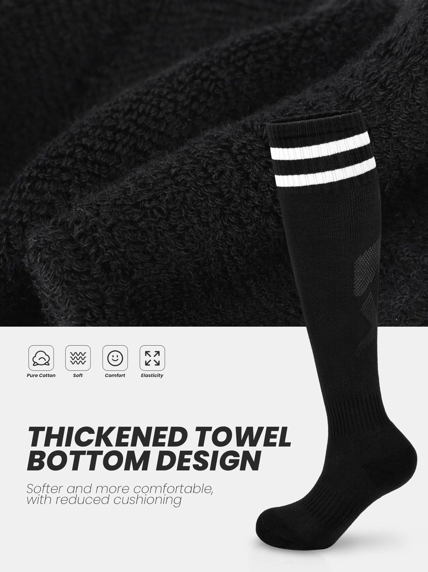 Hryrbay 4 Pairs Kids Cotton Soccer Socks Cushion Striped Baseball Uniform Boys World Cup Sock Toddler Girls Knee High Socks (Black,3-6 Years)
