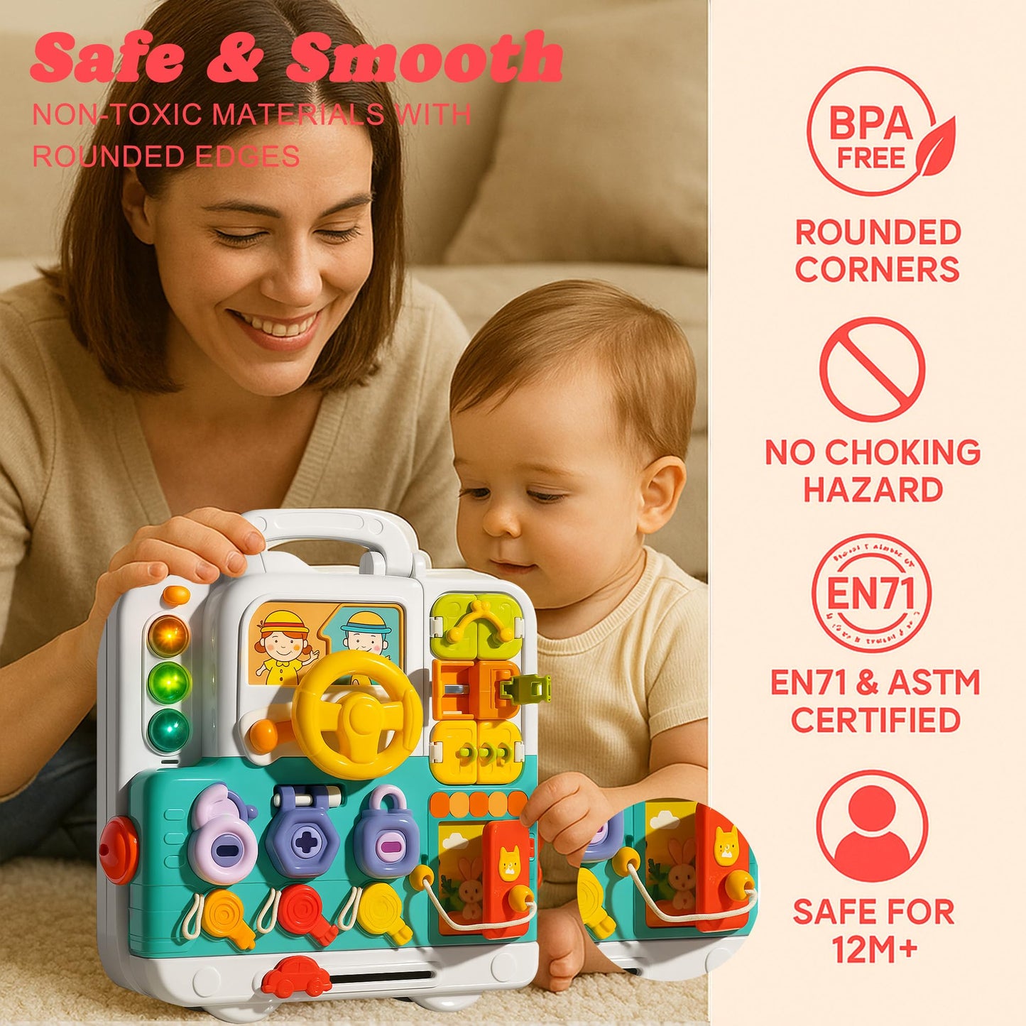 ROHSCE Montessori Busy Board for Toddlers 1-3, Baby Educational Activity Board with Lights & Music, Sensory Toys for Fine Motor Skills, Travel Toys for Airplane Cars, Gift for Boys Girls