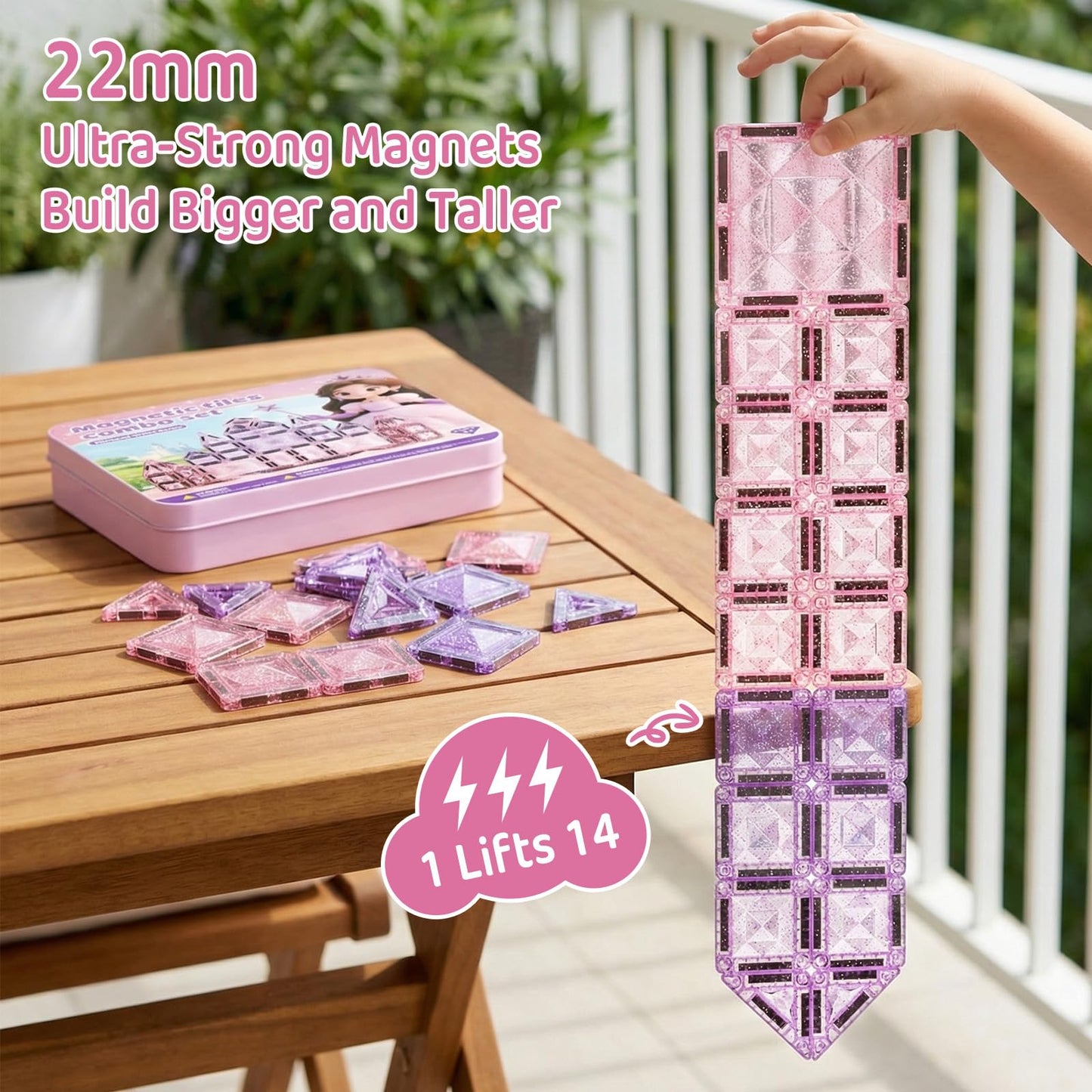 STEM MATCH Magnetic Tiles Girls Travel Toy: 42 PCS Pink Glitter Building Blocks Castle Tin Box - 120 Mins Quiet Play 60s Cleanup - Toddler Kids Gift Age 3 4 5 6