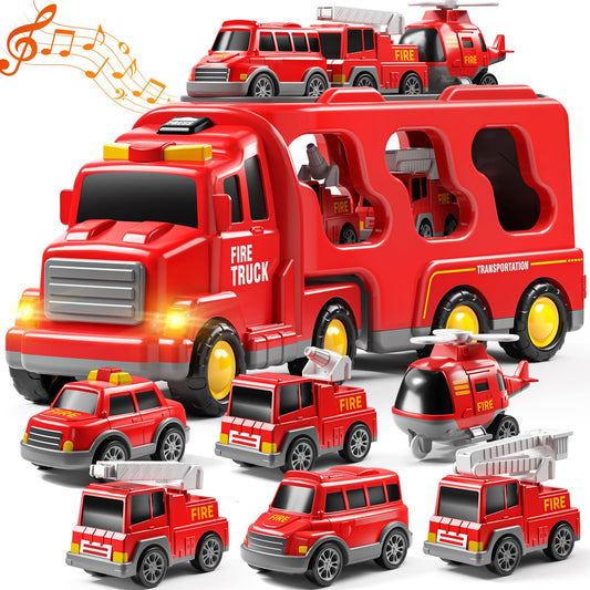 JUKUDAHU 7-in-1 Fire Trucks for 3 4 5 6 Years Old Boys - Transport Car for Toddlers 4-6, Sound and Light Kids Toys for Ages 2-4, Gift for Ages 5-7, 4-8 Year Old Girl Birthday Gifts