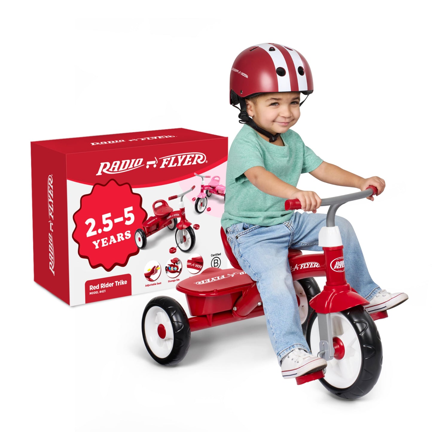 Radio Flyer Red Rider Trike, for Ages 2.5-5, Adjustable Seat, Steel Construction, Quiet Ride Wheels, Covered Storage Bin, Comfort Grip Handlebars, Easy Carry Seat Handle, Tricycle for Toddlers