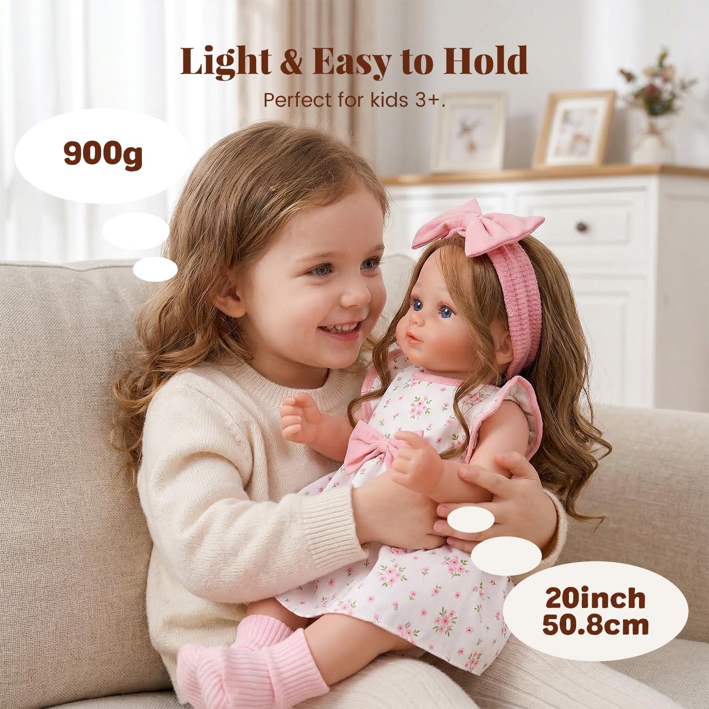 BABESIDE Lifelike Reborn Baby Dolls 20 Inch Realistic Baby Doll Brown Hair Girl Handmade Real Life Newborn with Clothes and Toy Accessories Gift for Kids Age 3+
