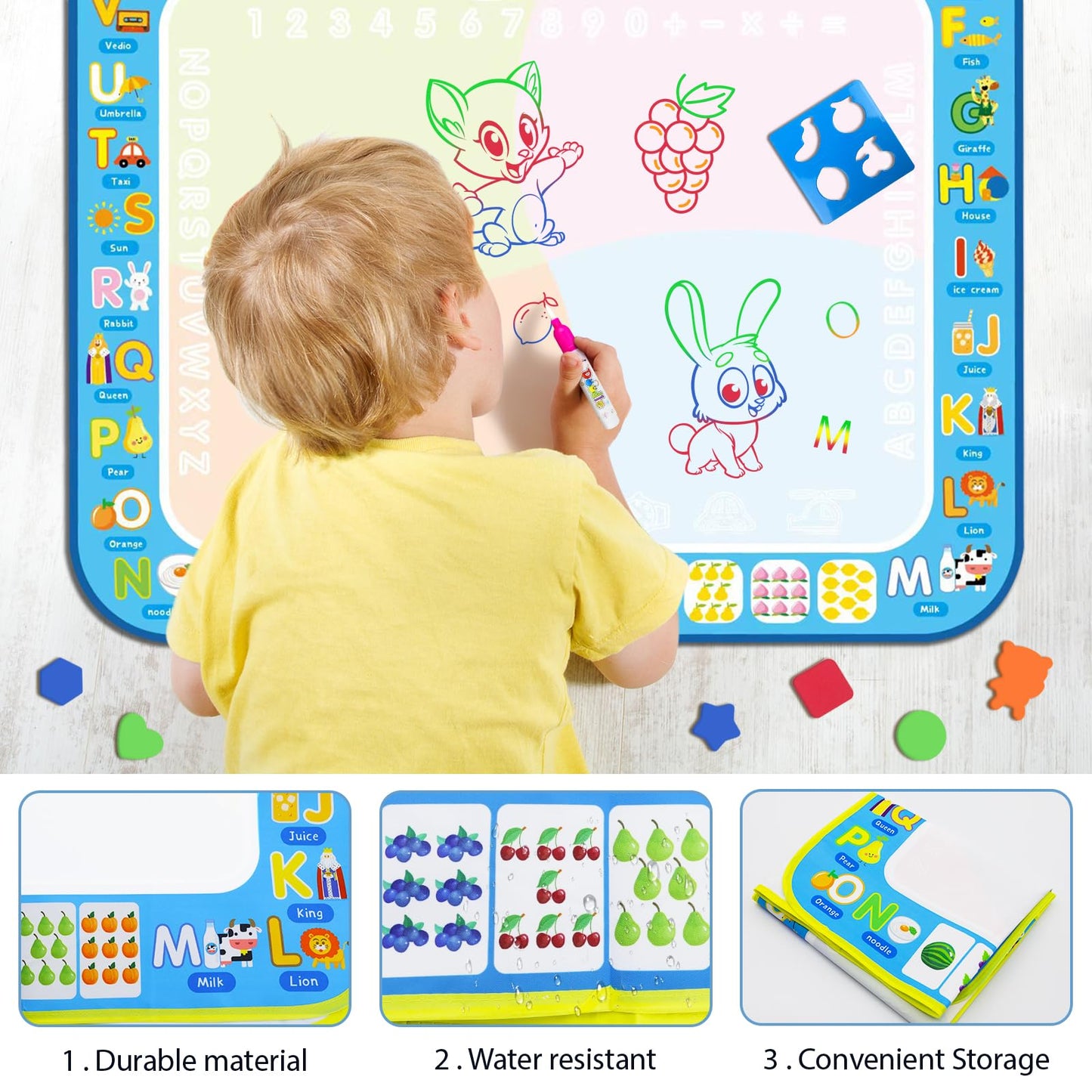 BlissfulBlend Water Doodle Mat Kids Mess Free Coloring Doodle Mat Educational Toys for 3 4 5 6 7 8 Years Old with Magic Pens Educational Toys Toddler Boys Girls Christmas Birthday Holiday Present