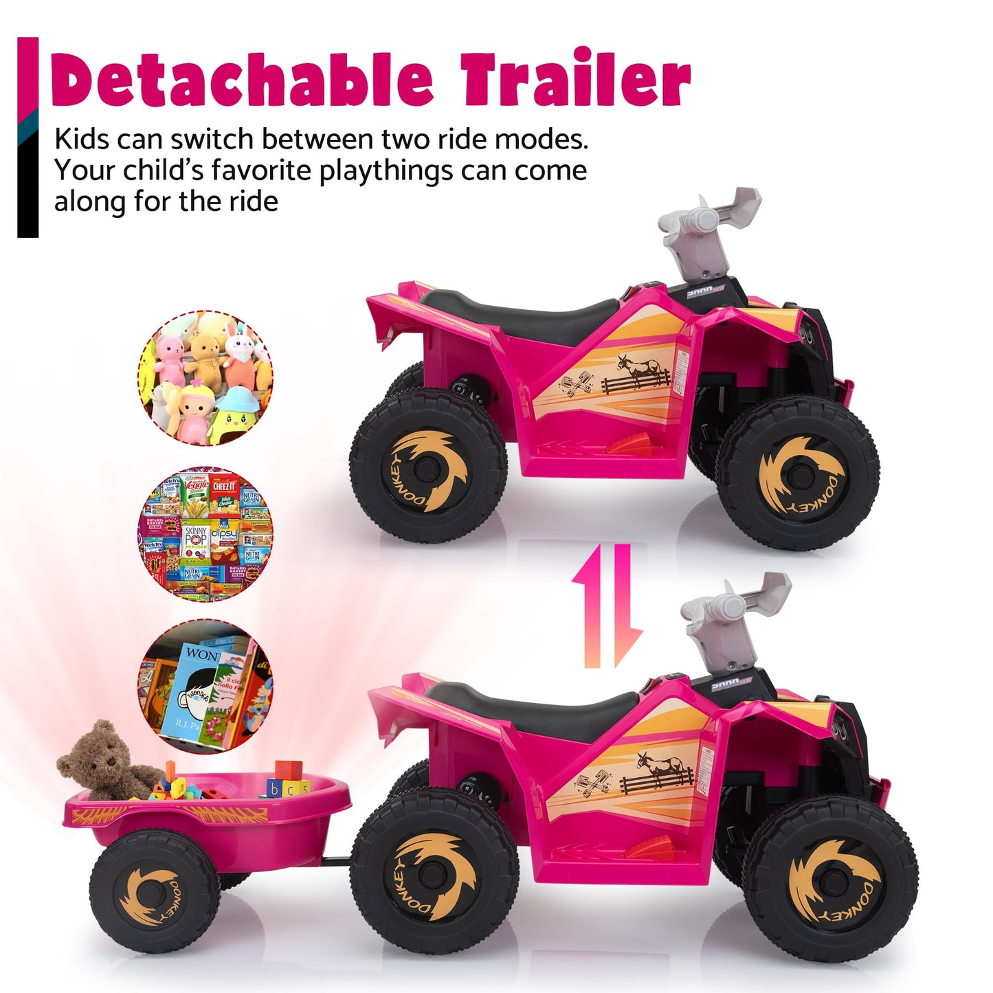 TOBBI 6V Electric Kids Ride On Toy Car with Trailer, Toddler 4 Wheeler Powered Vehicle to Drive with Music/Battery Volume Display for Children Age 3-6 -Rose Red