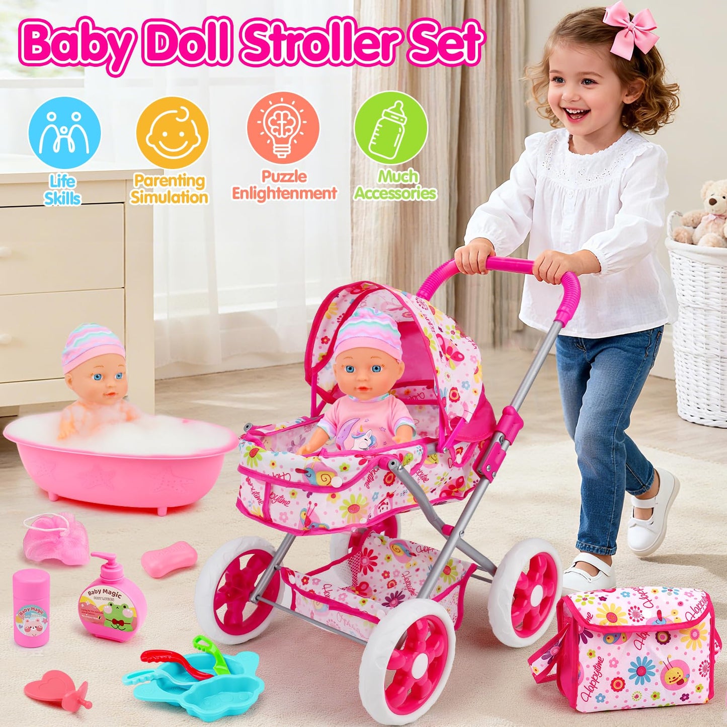 Baby Doll Stroller Set Toys for Girls Toddlers 3-5 4-6 5-7, Baby Doll Playset with 11" Doll, Bathtub and 20PCS Baby Doll Accessories, Baby Stroller Toys for 2 3 4 5 Year Old Girls Birthday Gifts