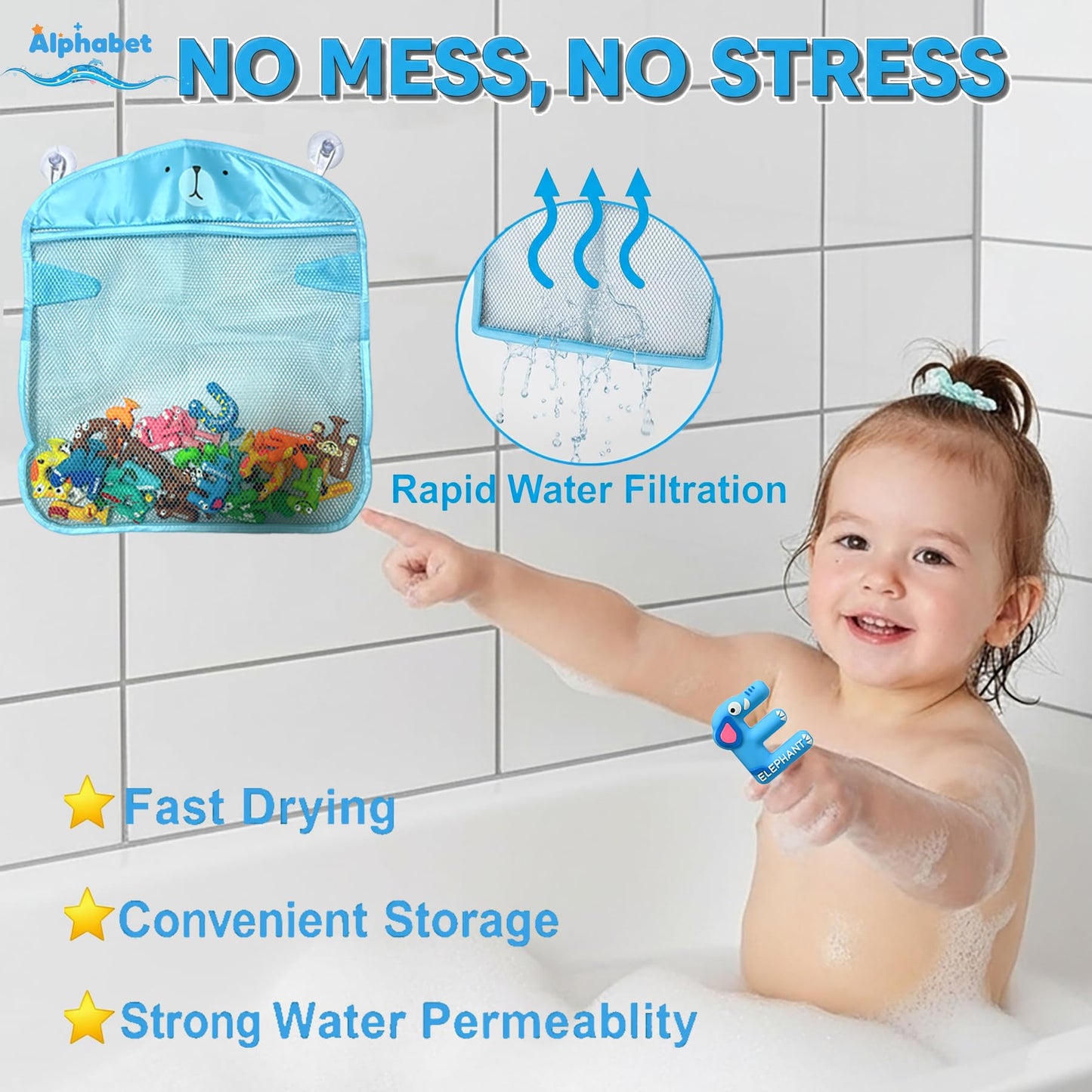 Mold Free Suction Bath Toys for Kids 26PCS, Bathtub Silicone ABC Alphabet Educational Montessori Sensory Toys for Baby/Toddlers, No Hole Animal & Letters Learning Toy with Storage Net for Autism/ADHD
