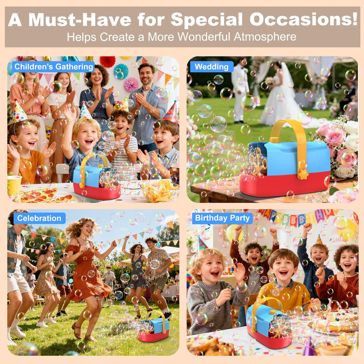 Bubble Machine Durable Automatic Bubble Blower, 18000+ Big Bubbles Per Minute Bubbles for Kids Toddlers Bubble Maker Operated by Plugin or Batteries Bubble Toys for Indoor Outdoor Birthday Party