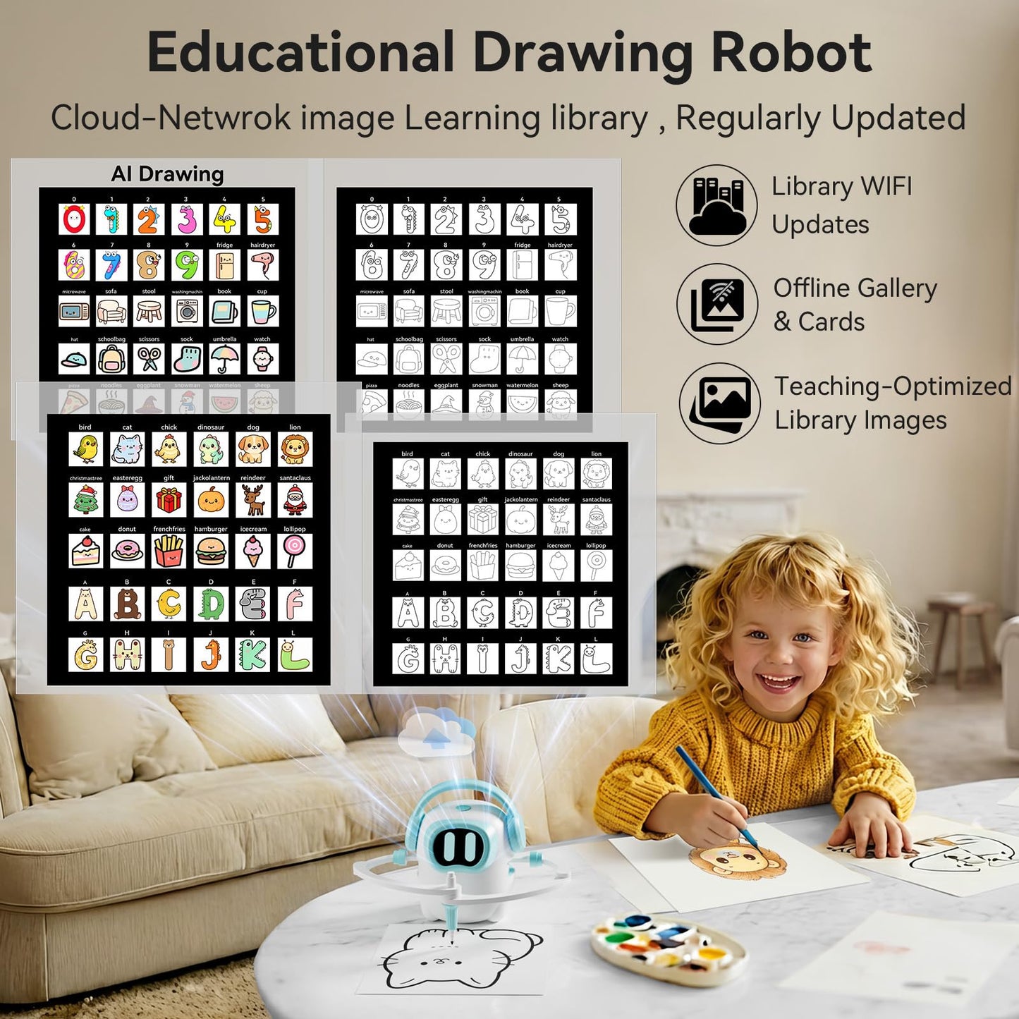 AI Drawing Robot for Kids, 10000+ Free AI-generated Images,Regularly updated image library,Educational Learning Toys for Boys & Girls Ages 3-8 ,AI Enlightenment Painting Toy for Birthday Gift (Cyan)