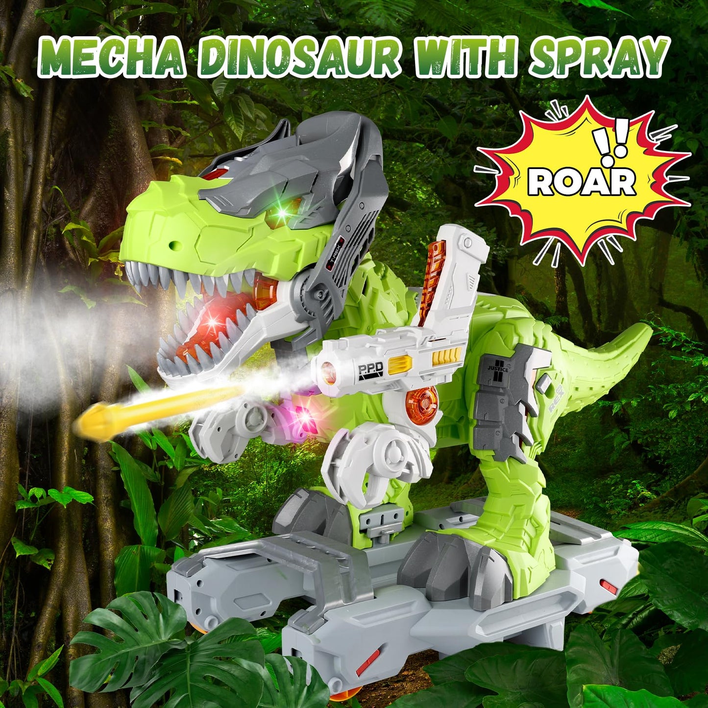 Baby Ride On Toy Cars, Toddler Electric Dinosaur Push Riding Car with Light Music, Smoke & Launcher Toy, Preschool Kids Scooter Foot-to-Floor Ride On Toy, Christmas Birthday Gifts for Kids