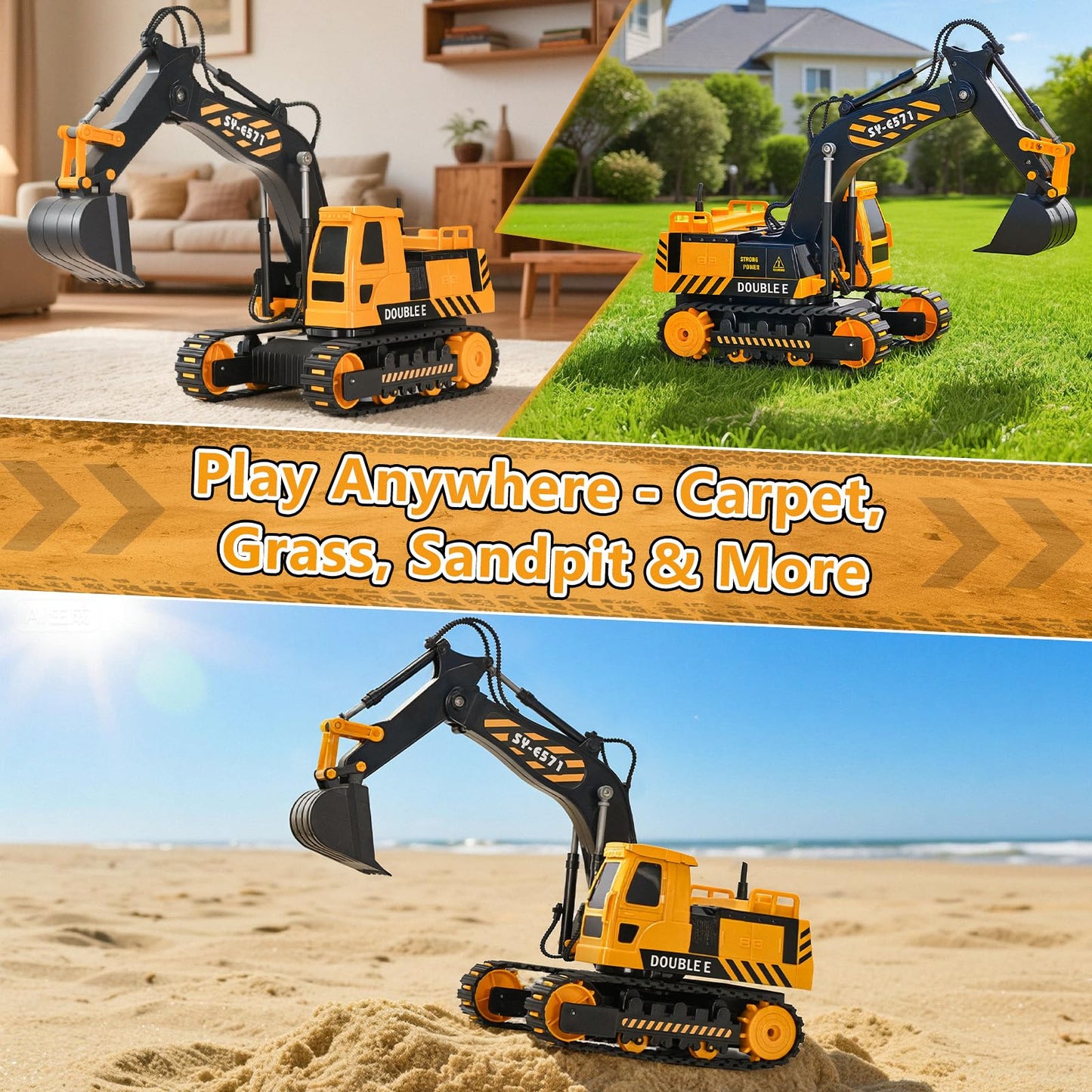 DOUBLE E Remote Control Excavator Toy, RC Excavators Sandbox Digger Hydraulic Construction Toys - Realistic Construction Vehicle with 6 Functions, Xmas Gift for Kids 3-14 Years