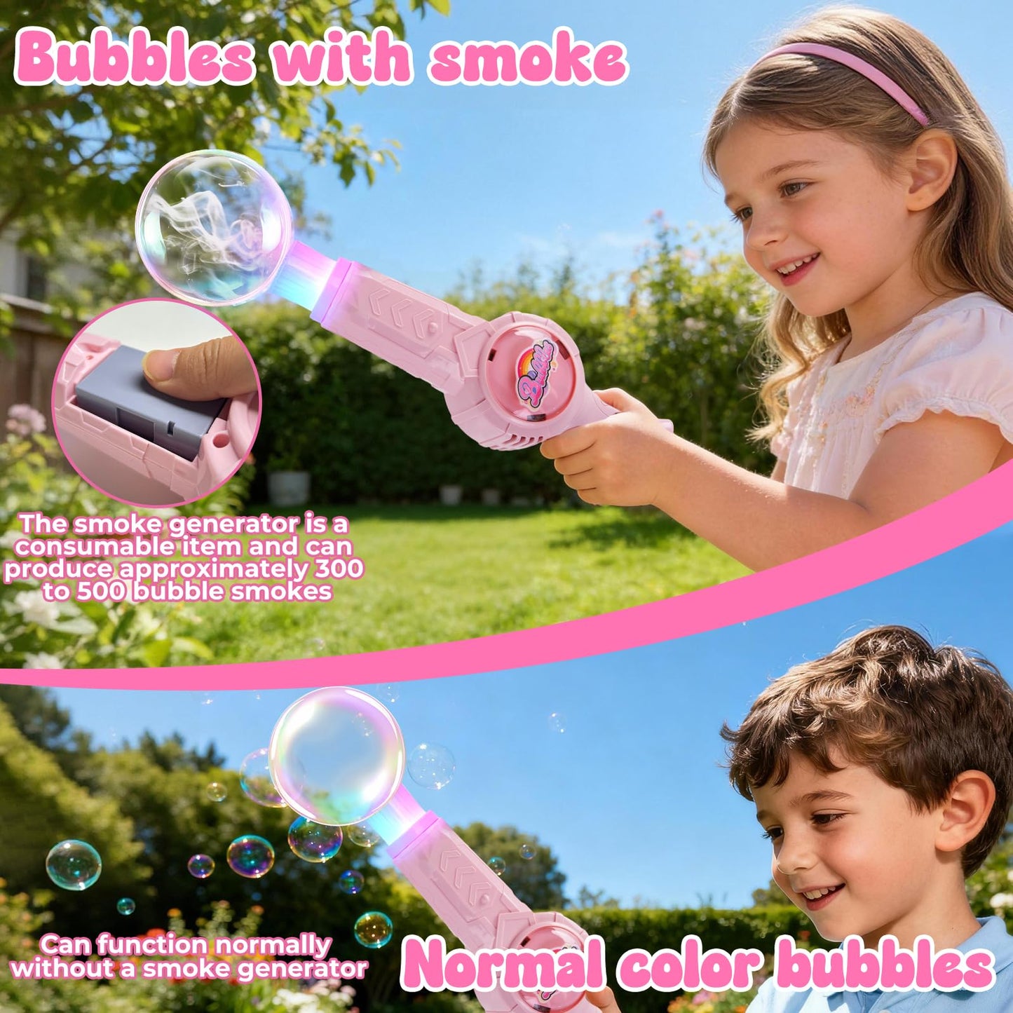Smoke Bubble Machine, Elastic Bubble Fog Wand, Rechargeable Fog Bubble Machine with Lights & Sound, for Parties Outdoor Interactive Fun (Pink)