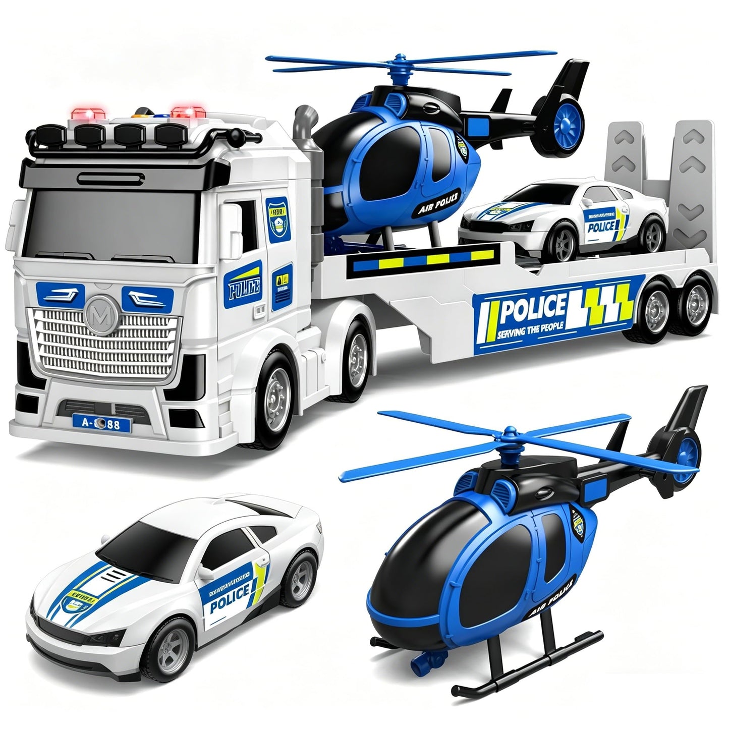DWIRCTOYS Kids Toys for Ages 3 4 5 6 7 8 Years Old Boys, 25" Large Police Semi Truck with Helicopter & Race Car, Friction Powered Vehicle with Lights & Sounds,Birthday Gift for Boys Girls