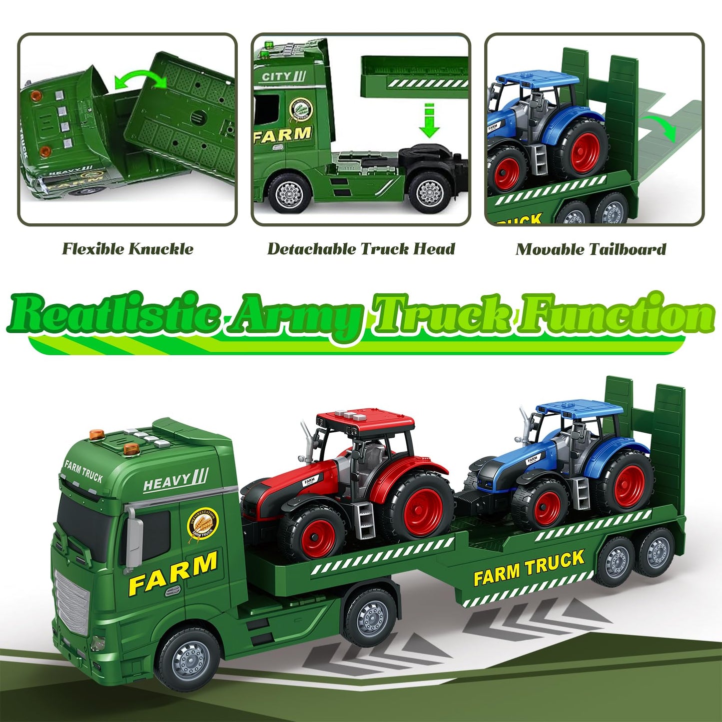 lonfypeng 3-in-1 Farm Truck Toys for Kids Ages 3-6 – 25.6 Inch Extra-Large Inertia Semi Trailer with Lights & Sounds, Detachable Tractor and Light & Sound Farm Vehicle