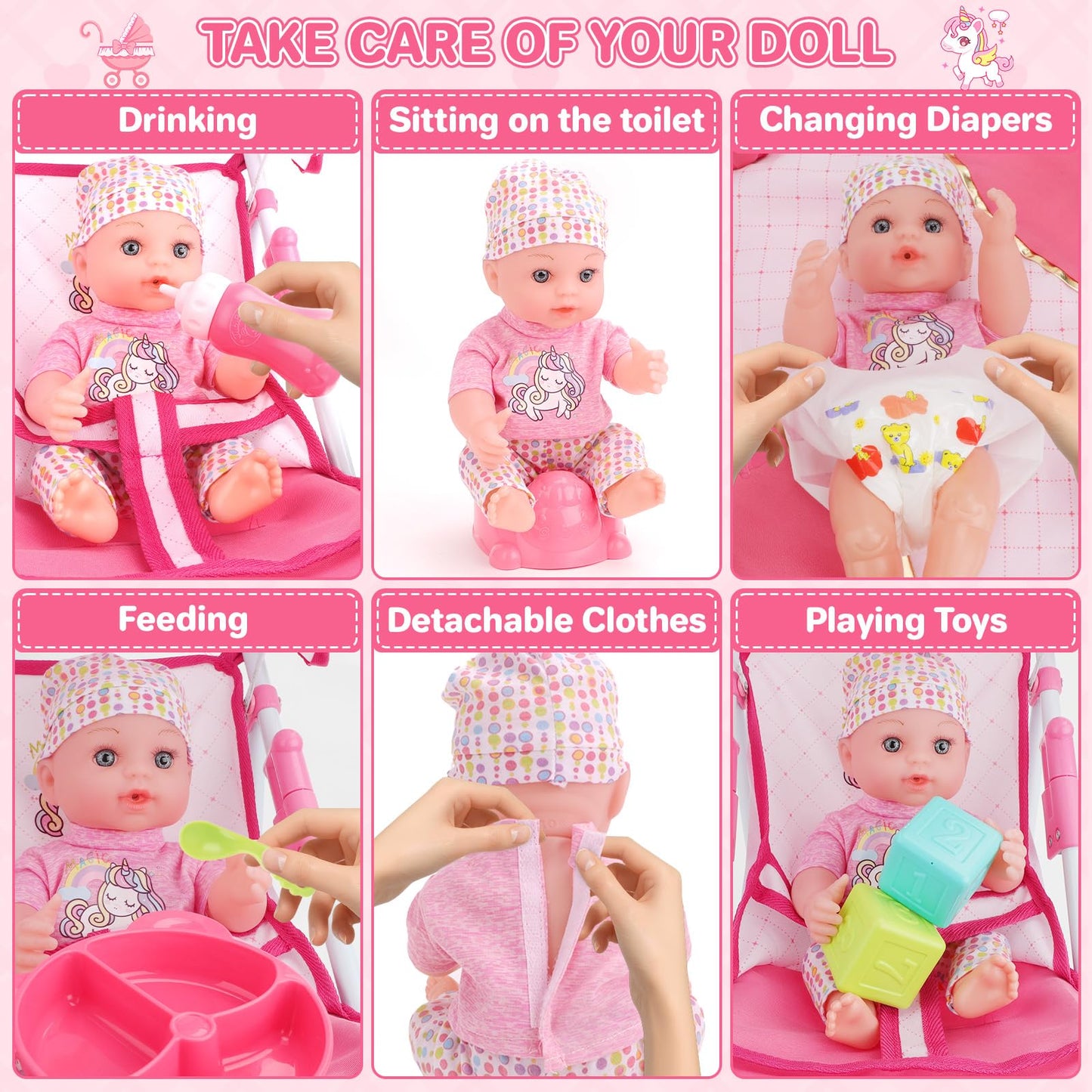 deAO Baby Doll Stroller Set with 12" Baby Dolls Nursery Playset 17 PCS Baby Doll Accessories with Play Mat,Storage Bag,Baby Stroller Toys for Girls Toddlers 3+ Pretend Play Gifts