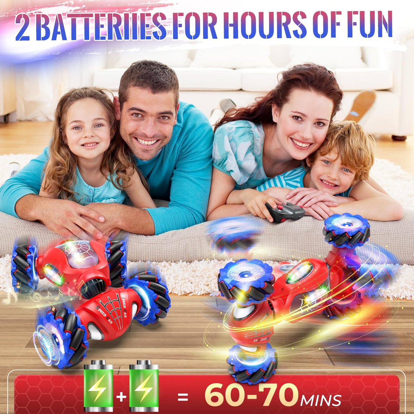 Fosgoit Spider Remote Control Car Toys for 6-12 Boys Girls, Birthday Gifts for Kids, 2.4Ghz 4WD Gesture Sensing RC Stunt Car with Light & Music & Spray, Double-Sided 360° Rotating Hand Control