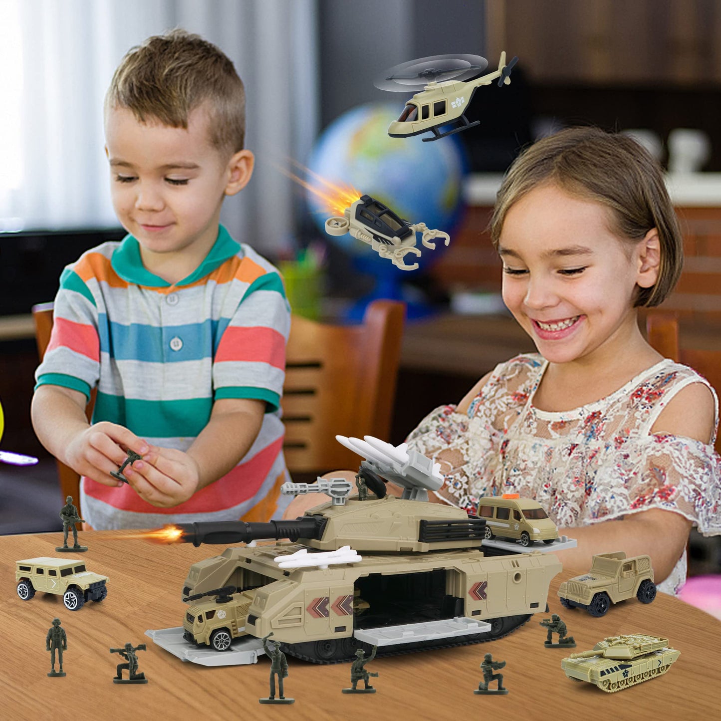 XDUOYJOY Military Tank Toy Sets, Army Toys with 7 Vehicles, Army Men Trucks Helicopter Birthday Gift for Boys Age 4-7, Easy to Store