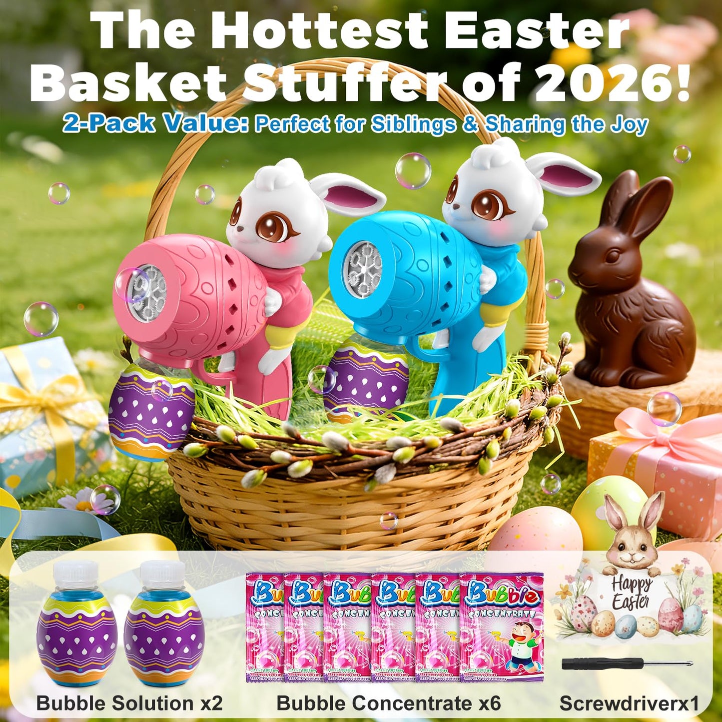 Easter Bubble Guns for Toddlers & Kids: Easter Basket Stuffers 2-Pack Bunny & Egg Themed - Leak-Proof Bubble Blaster Toys with Refill Solution - Perfect for Easter Egg Hunt & Outdoor Party