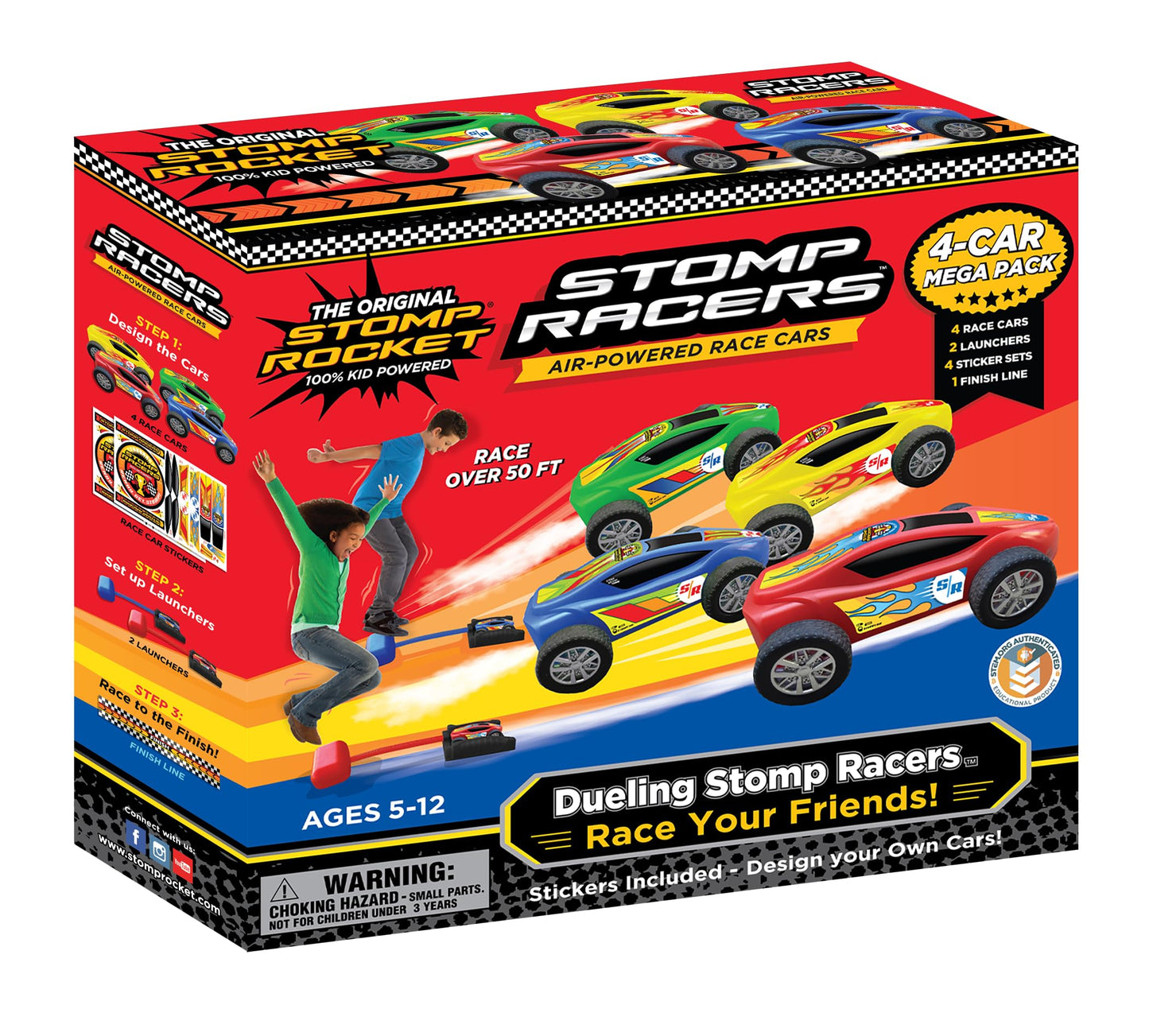 Stomp Racers Air Powered Race Cars by Stomp Rocket, 4 Car Mega Pack - Dueling Stomp Racers Toy Car Launcher - Fun Backyard Outdoor & Indoor Multi-Player Kids Toys Gifts for Boys, Girls & Toddlers