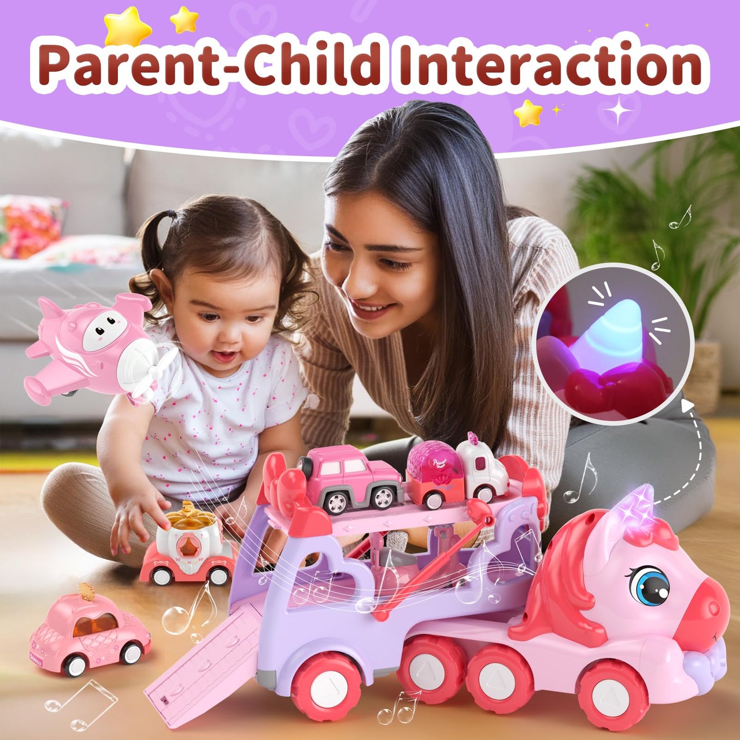 usrela Toys for 2 3 Year Old Girl Truck, 7-in-1 Girl Carrier Truck Car with Light & Sound, Toddler Girl Car Toys Age 2-4, Cars for 2+ 3+ Year Old Girls Birthday