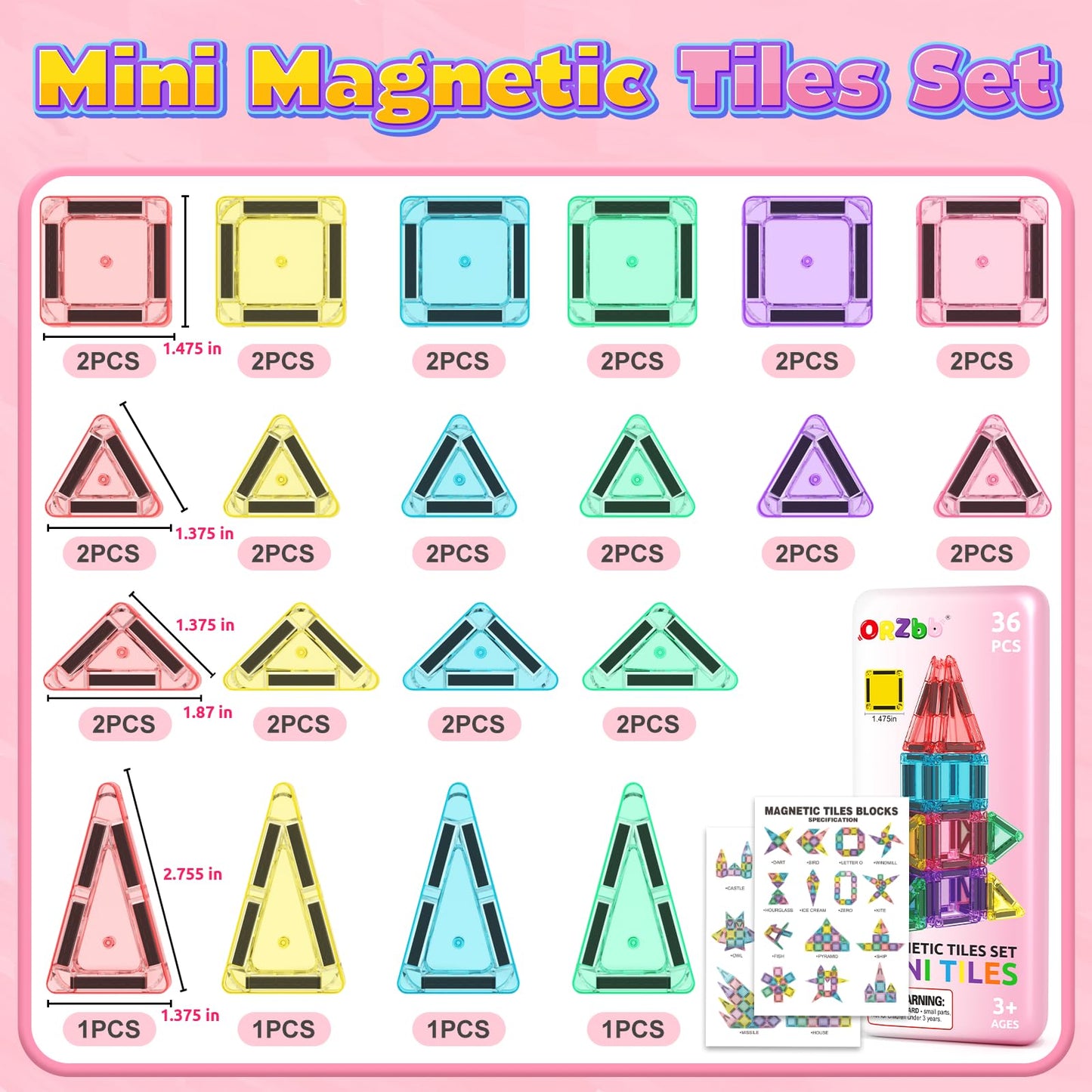 ORZbb Mini Magnetic Tiles Toddler Travel Essentials Set with Case, Magnetic Blocks Building Montessori Educational Learning Sensory Preschool Toys for 3+ Year Old Boys Girls Birthday Gifts