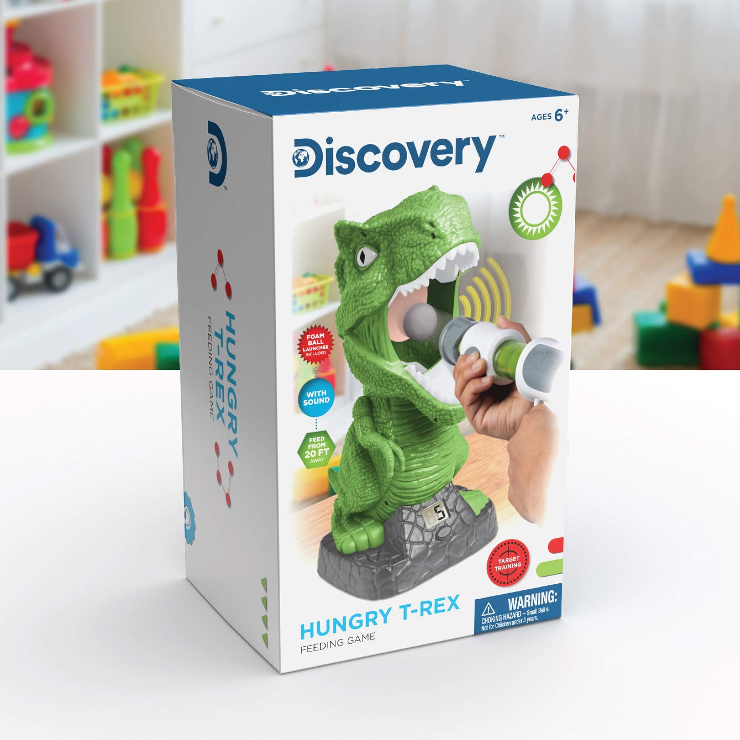 Discovery Hungry T-Rex Feeding Game, Carnival Style Shooting Target Competition for Kids, 8 Indoor Safe Foam Balls with Air Launcher, Electronic LCD Screen with Lever Tongue, Great for Ages 6 & Up