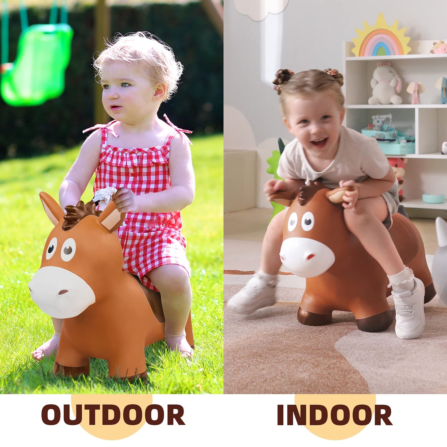 ZOOJOY Bouncy Horse Hopping Toys, Inflatable Animal Horse Toys for Toddlers, Outdoor Indoor Bounce and Ride On Bouncer for Boys Girls, Birthday Gifts for 18 Months 2 3 4 5 6 Year Old with Pump