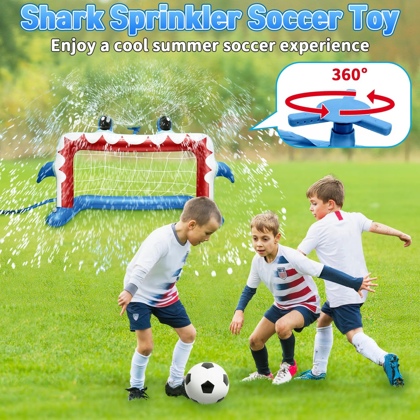 Intoypad Water Sprinkler Football Toys, Inflatable Shark Soccer Goal with Football for Pool Backyard Outdoor Play, Summer Water Games Outside Yard Pool Toys for Boys Girls Kids Ages 3-8