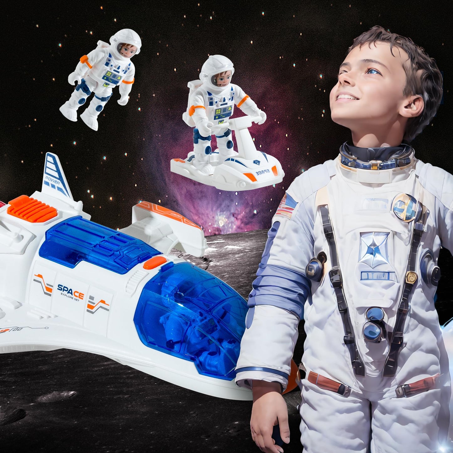 Wbzle Spaceship Shuttle Toy with Astronaut Figure - Space Toys with Lights and Sound - Rocket Ship Toy for Kids 3-5, Space Exploration Astronaut Toys Set, Outer Space Birthday Gift