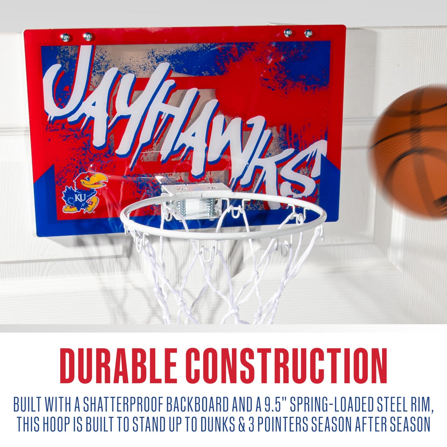 Franklin Sports Kansas Over the Door Basketball Hoop - Kids Indoor Basketball Hoop with Mini Ball - Fan Shop Toy for Bedroom + Office - Over the Door Set