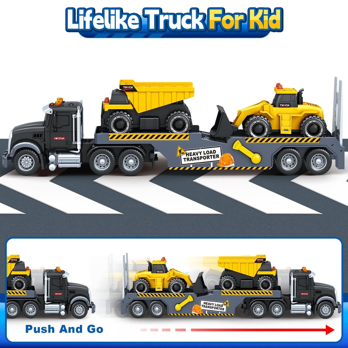Bstoyder Toddler Boy Toys for 3 4 5 6 7 Years Kids, 21" Semi Construction Carrier Truck Toy with Excavator and Dump Truck, Friction Powered Toys with Lights and Sounds, Birthday for Boy Girls