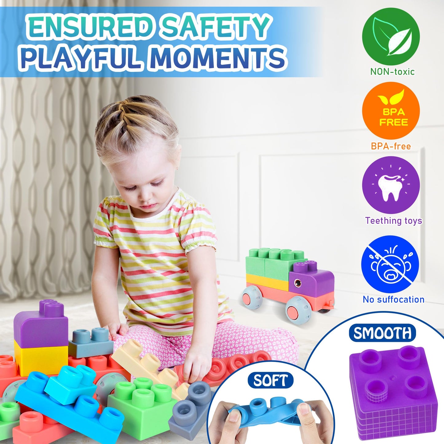 80PCS Baby Blocks Set with Storage Bucket + 6PCS Sensory Balls Bundle - Rubber Soft STEM Building Blocks for Babies 6+ Months, Textured Montessori Balls for Infants & Toddlers 6-12M, Tummy Time Gift