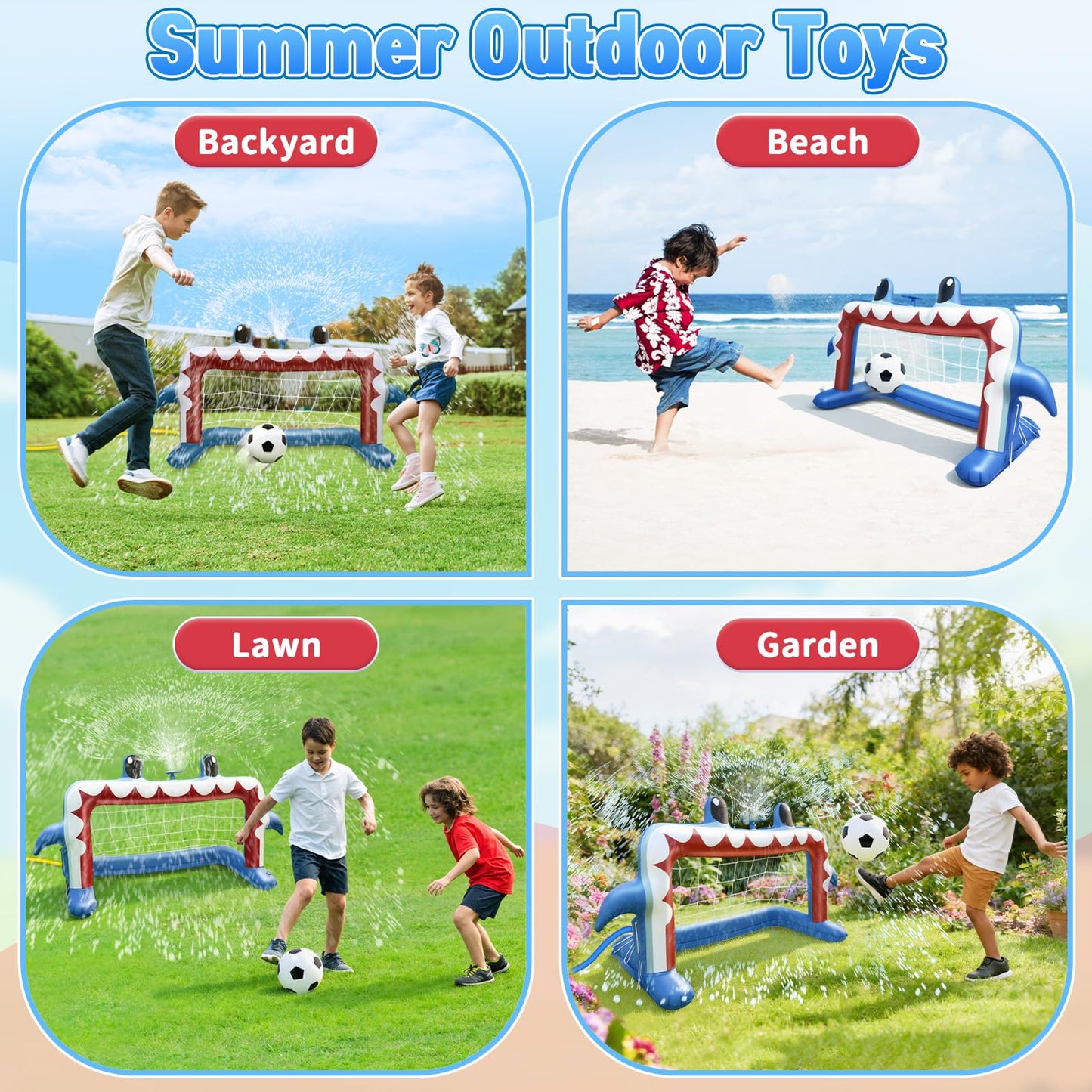 Intoypad Water Sprinkler Football Toys, Inflatable Shark Soccer Goal with Football for Pool Backyard Outdoor Play, Summer Water Games Outside Yard Pool Toys for Boys Girls Kids Ages 3-8
