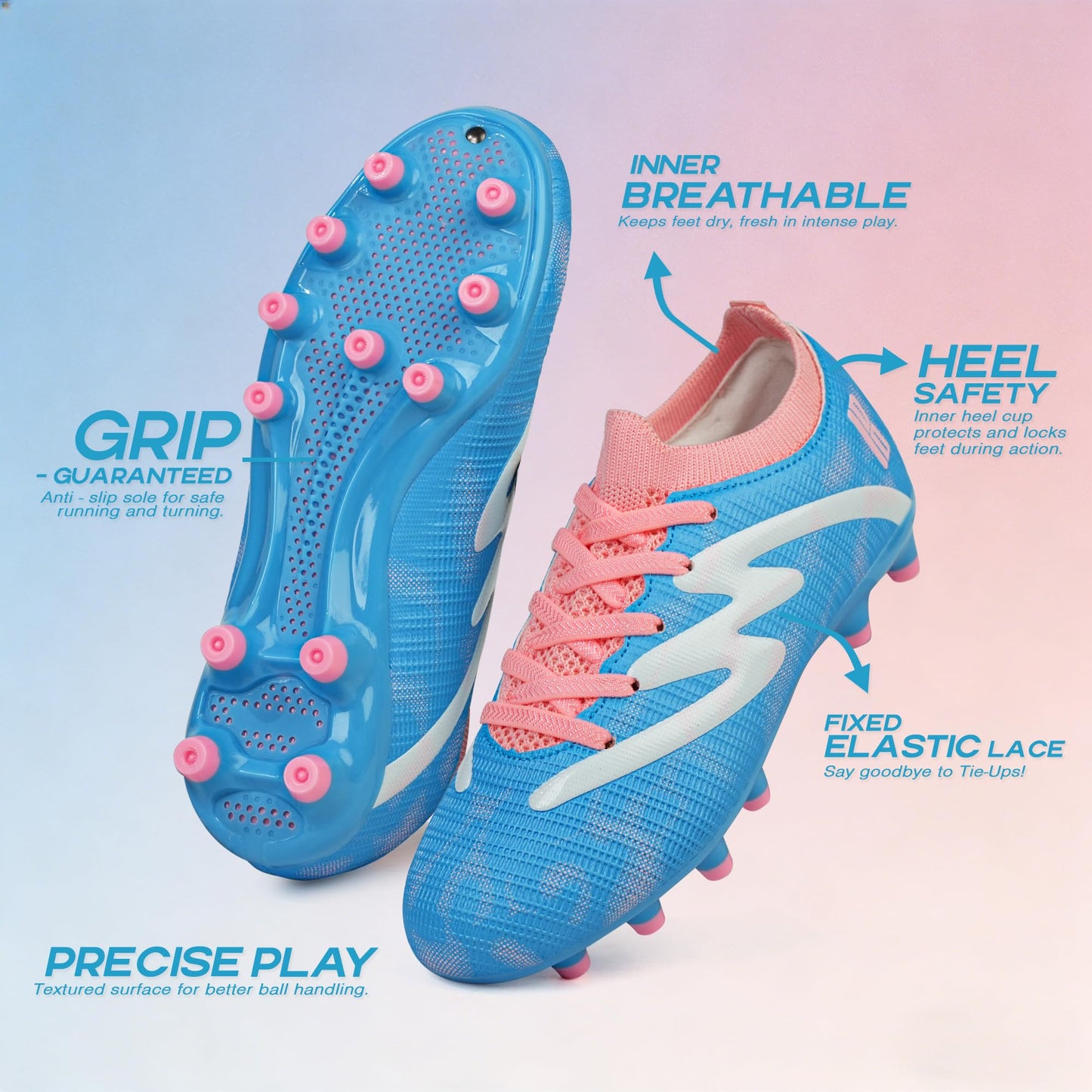 brooman Kids Firm Ground Soccer Cleats Boys Girls Football Shoes with Shin Guards and Soccer Socks (5,Blue Pink)