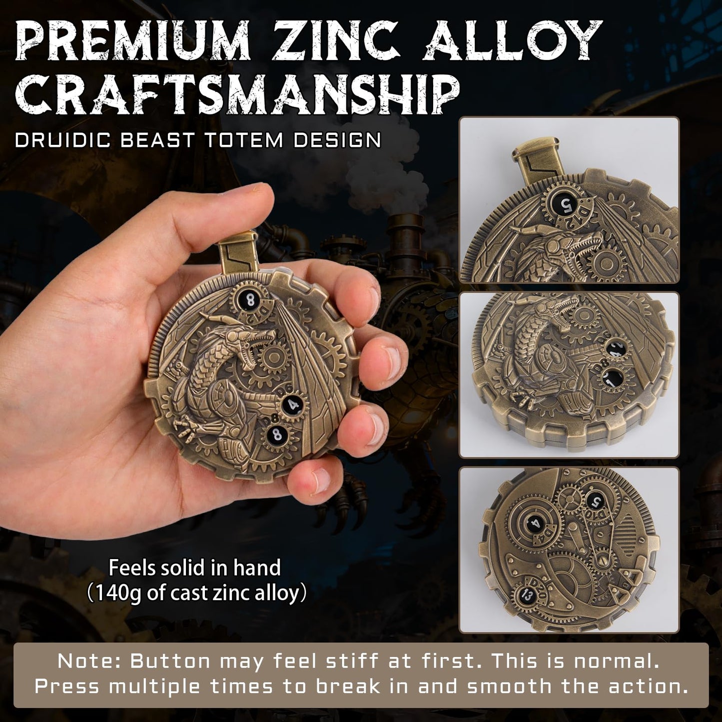 MinZerTRPG Roulette Dice 3.0 – Steampunk Dragon Spinner Dice for DND | 7-in-1 Metal Tabletop RPG Dice Set with Pouch | EDC Gadget Gift for Dice Goblins, DM & Fantasy Engineers (Steampunk Dragon A)