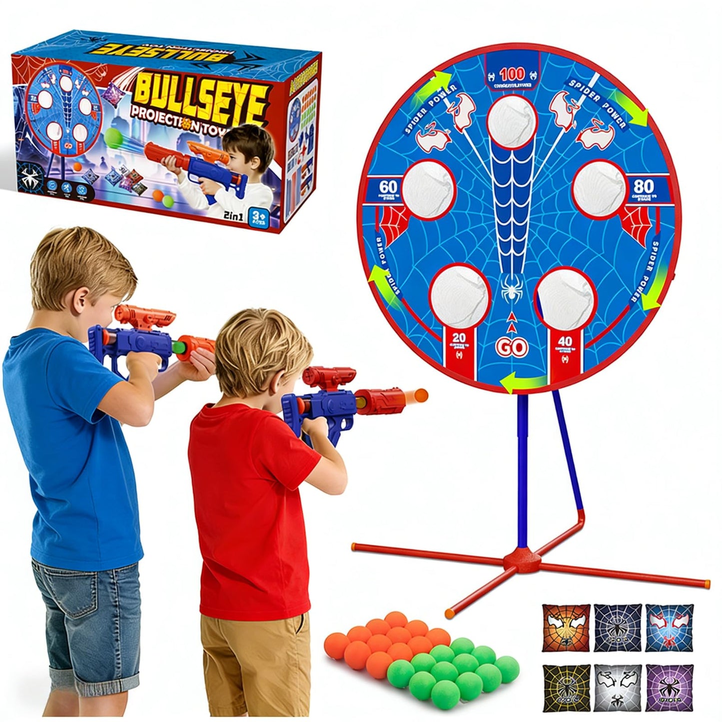 Spider Upgraded 2-in-1 Shooting Games Toys: Rotating Target, 2 Air Blasters & 24 Foam Balls, Bean Bag Toss Game for Kids, Indoor Outdoor Yard Party Games for Boys Girls 4 5 6 7 8 9 10+ Year Old Gift