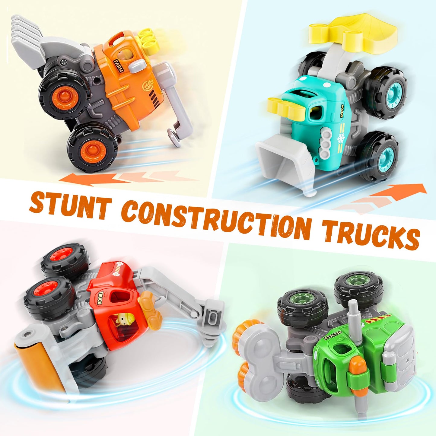 iPlay, iLearn Stunt Construction Trucks for Toddlers 1-3, Baby Push Go Friction Cars, Kids Pull Back Vehicle Set, Boys Digger Roller Dump Truck, Birthday Gift 12 18 Months, 2 3 4 5 One Yrs Girls Child