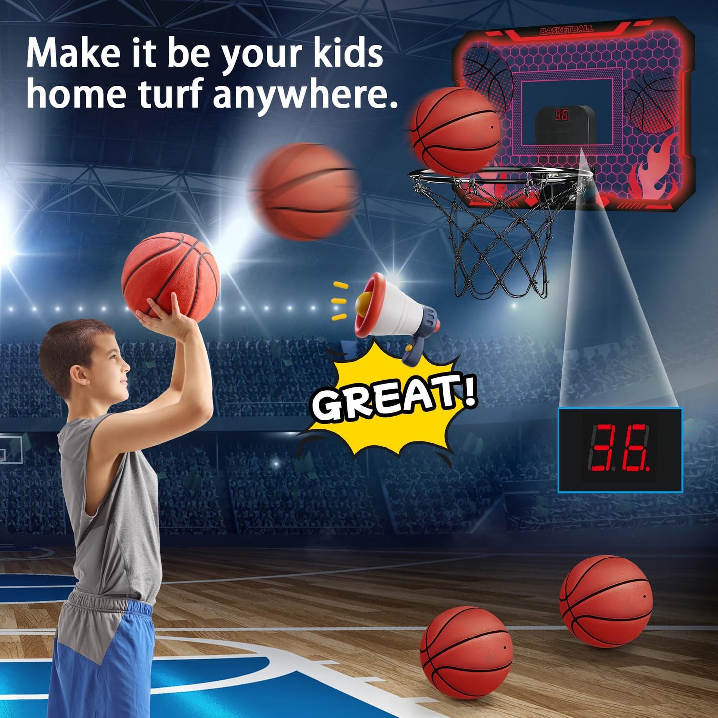 VROGTIK Indoor Basketball Hoop for Kids with Led Lights Mini Basketball Hoop with Remote Control Over The Door Basketball Hoops with Scoreboard Basketball Toys for 4-12 Year Old Boys Girls