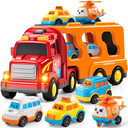 KIZONLY Trucks for Toddlers 3-4 Years, Toys for 3 4 5 6 7 Years Old Boy, 5 in 1 Carrier Transport Truck Vehicle Toy Set with Sound and Light, Christmas Birthday Gift for Kids 3 4 5 6 Years Old