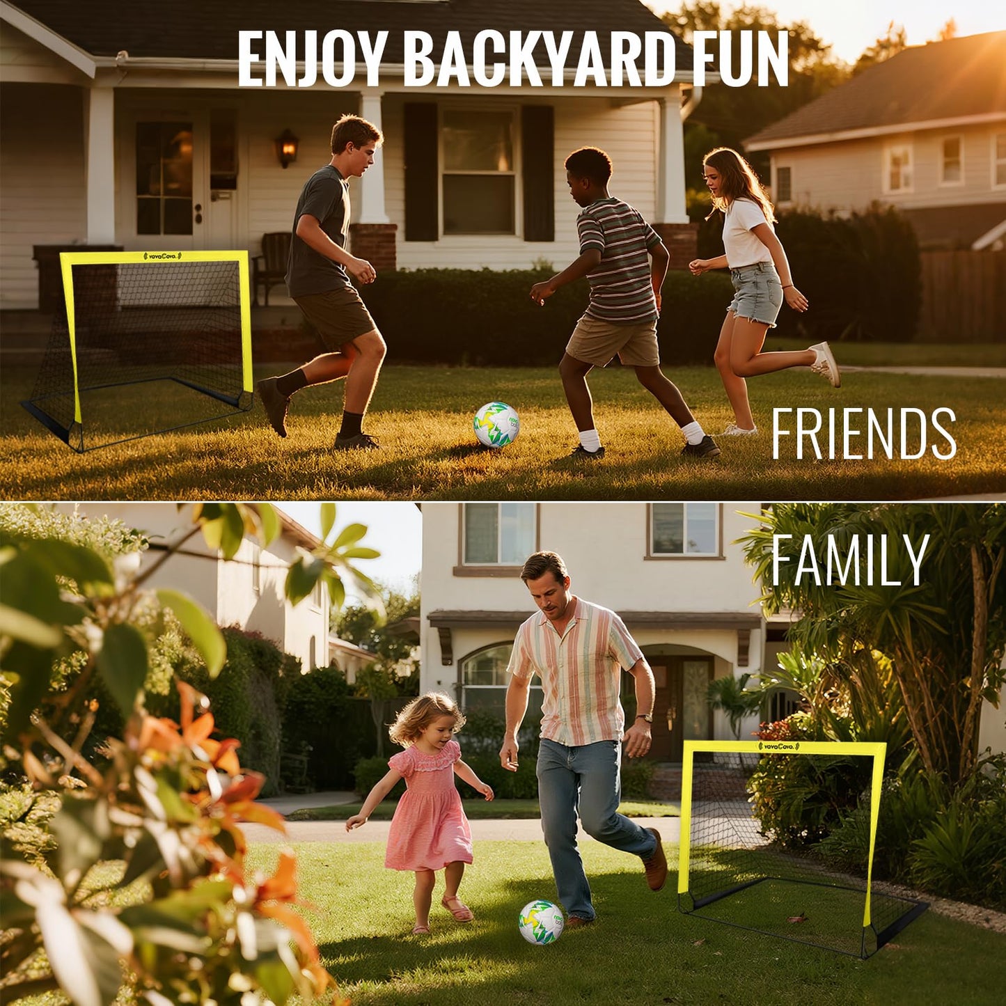 VavaCava 4'x3' Size Portable Soccer Goals Set for Backyard Fun, 2 Nets, 2 Size 3 Balls, 10 Marker Cones, Pump and Carry Bag, Outdoor Games for Backyard, Beach, Lawn, Kids Soccer Training Equipment