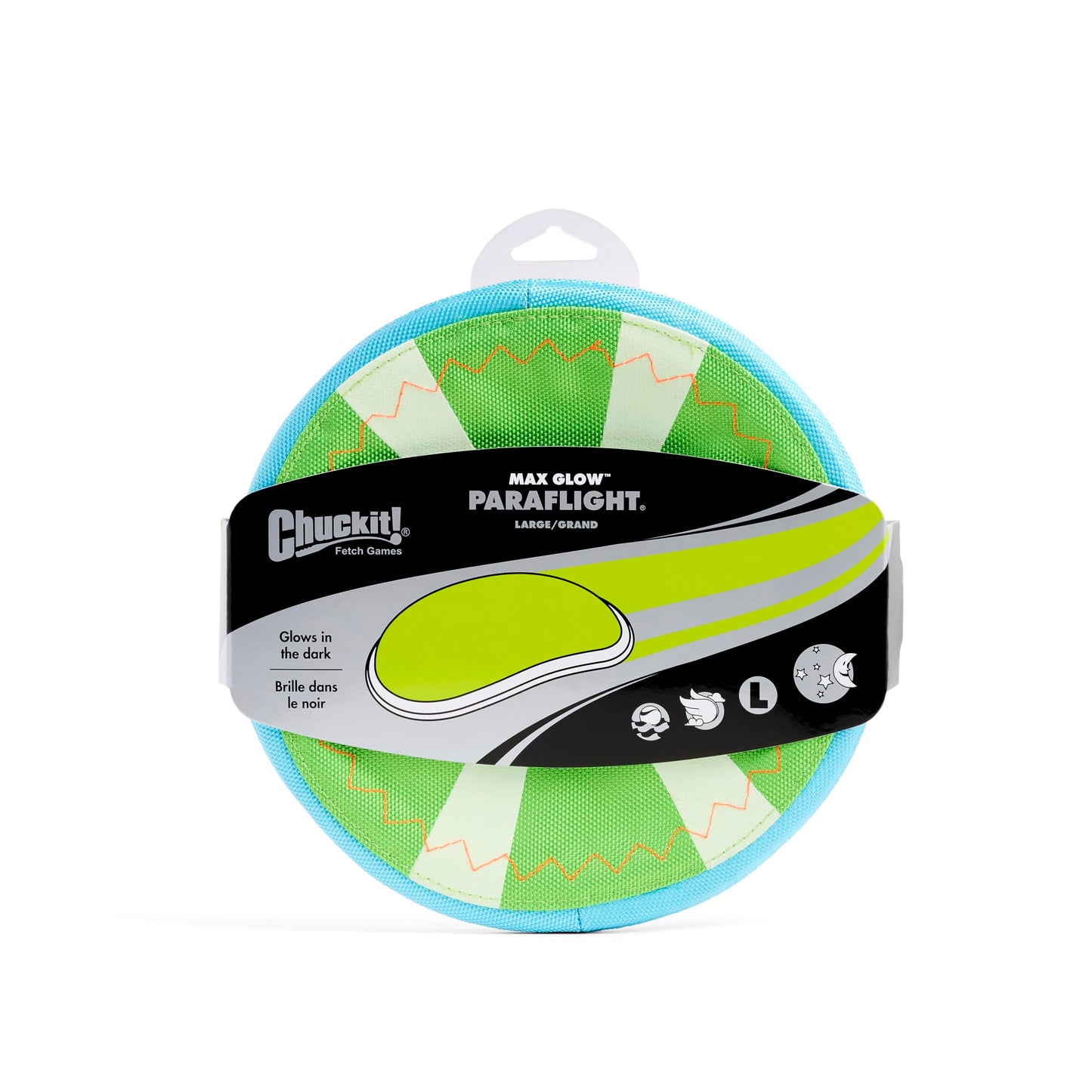 Chuckit! Max Glow Paraflight Flying Disc Dog Toy - Water Floating Flyer - Durable Nylon Construction with Soft Rubber Edges - For Medium and Large Dogs - Size Large - 9.75" L x 9.75" W - Pack of 1