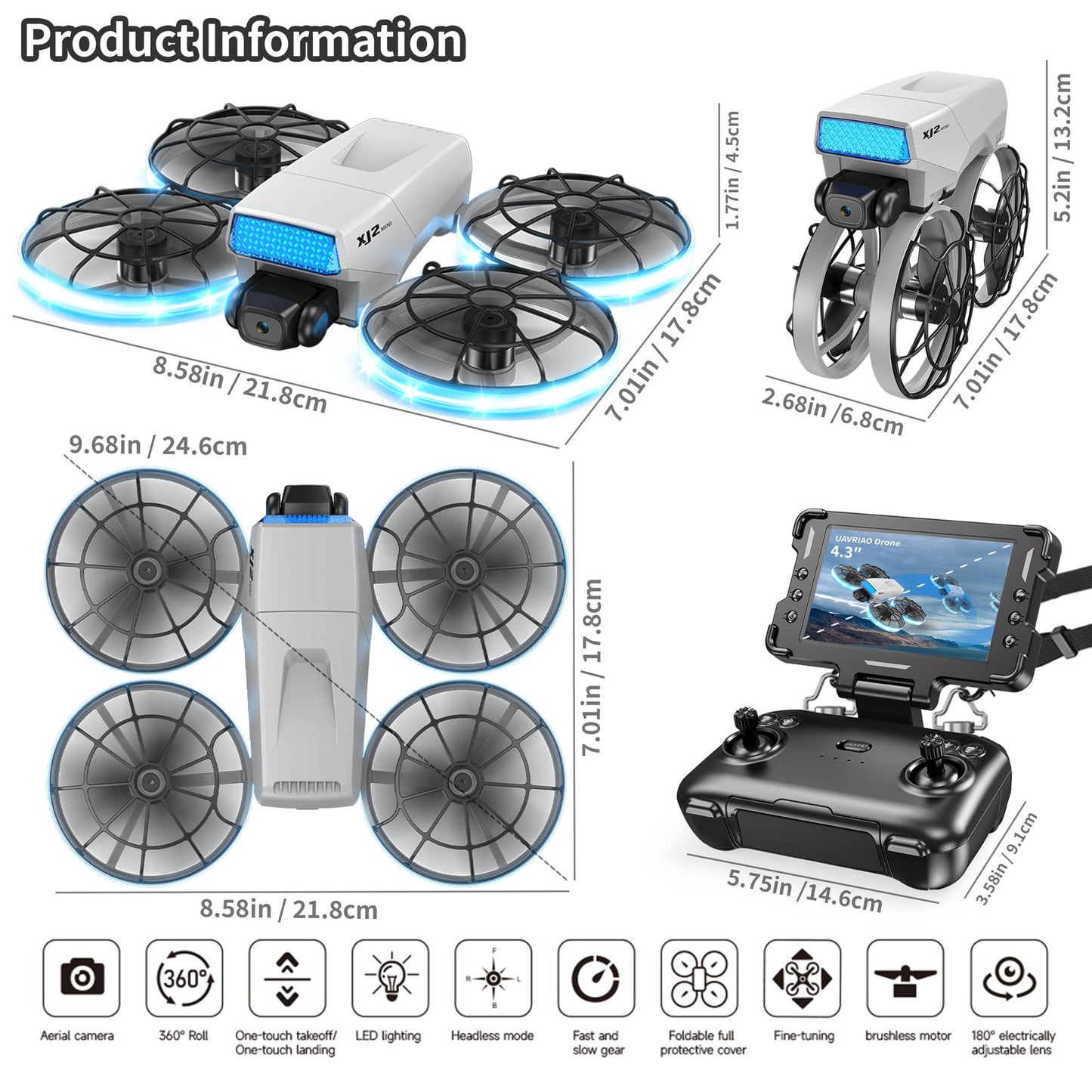 UAVRIAO Foldable RC Drone with 1K HD Camera, Upgraded Foldable Remote with Detachable Lanyard, 2 Batteries & Carry Case - Safe Propeller Guard, 3D Flips, One-Key Takeoff/Landing, Ideal Gift for Beginners and Adults