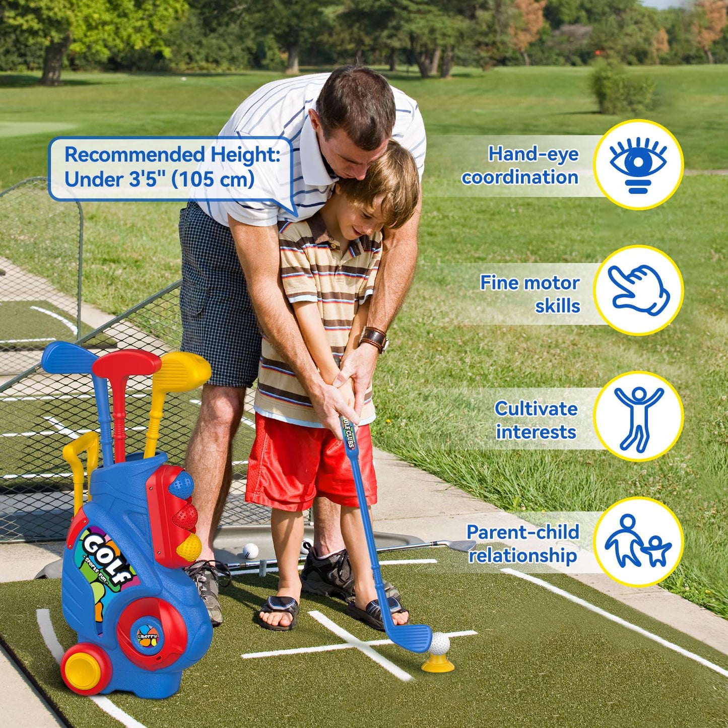 Liberry Toddler Golf Set with Putting Mat for 2 3 4 Years Old Boys Girls, Upgraded Kids Golf Cart with Unique Shoulder Strap Design, Indoor and Outdoor Golf Toys Gifts