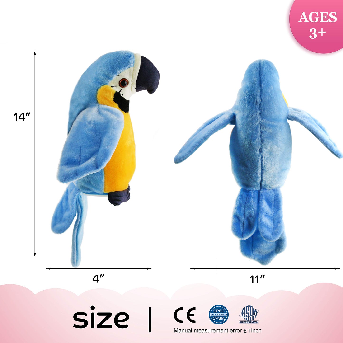 Houwsbaby 9'' Blue Electronic Musical Talking Parrot Plush Toy Interactive Toy,Recording Stuffed Animal Repeat What You Say Shake Wings Macaw Record Bird Toy for Kid Girl Easter