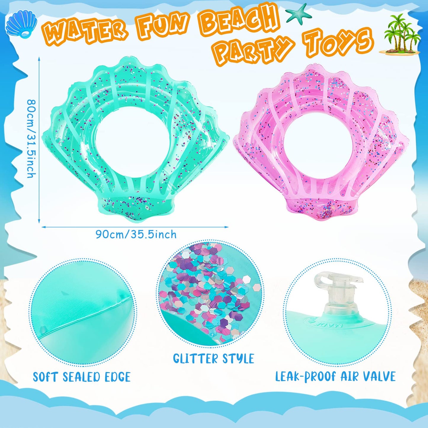 Juexica 2 Pack Shell Swim Rings for Kids Inflatable Seashell Pool Float Children Swimming Floatie Glitter Confetti Swim Tube Summer Beach Party Decorations for Kids Toddlers Teens(Pink,Blue)