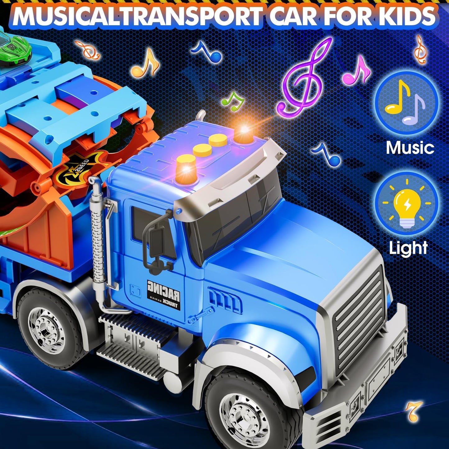 Truck Car Toys for 3, 4, 5, 6, 7, 8 Years Old Kids, Carrier Truck Race Track Toys, Foldable Transport Car Toys with Foldable Race Tracks and 6 Metal Cars, Birthday Gifts for Toddler Boys Girls (Blue)
