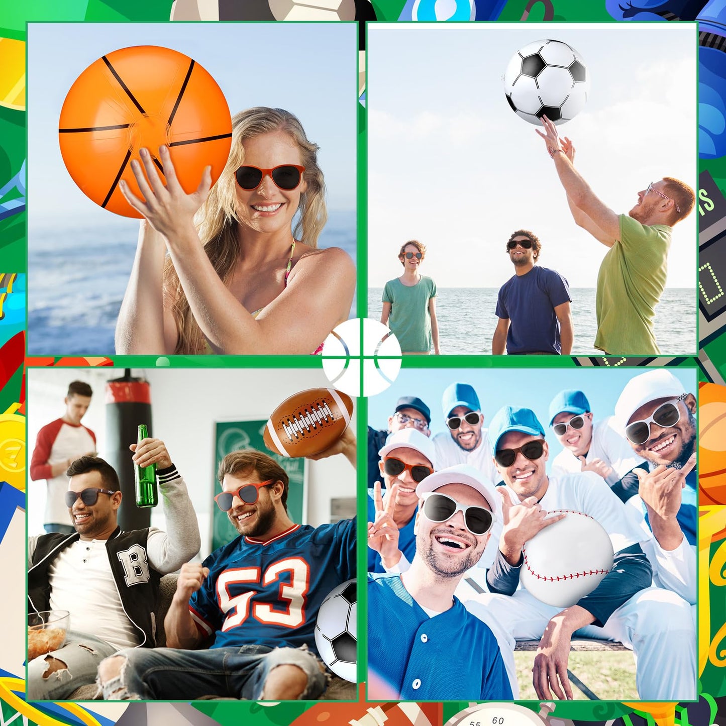 JolliLudo 48 Pcs Inflatable Sports Beach Balls wtih Glasses for Party Favors Variety Pack Basketball, Baseball, Football, Soccer Beach Balls Sports Themed Summer Pool Birthday Decorations