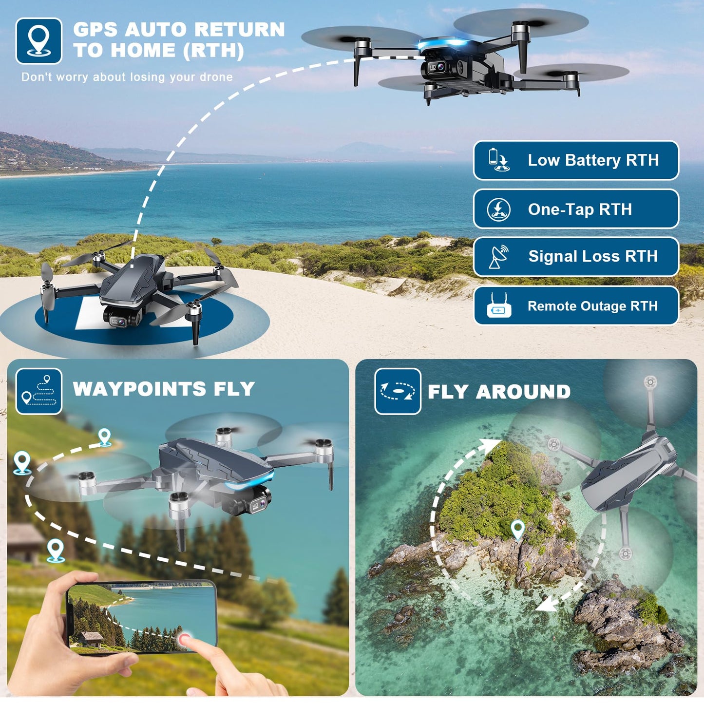 GPS Drone with Camera, 2K HD Drones for Adults, Foldable FPV Drone with GPS Auto Return, Follow Me, Circle Fly, Waypoint Fly, 5G Transmission, Gestures Selfie, Brushless Motor, 2 Batteries,Jet Black