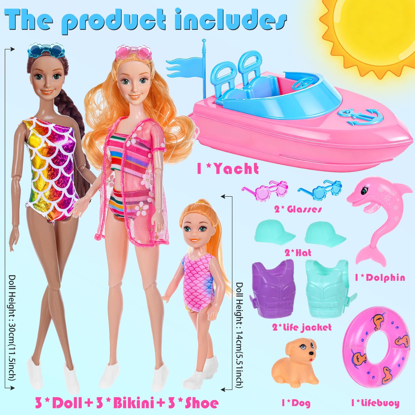 dollbie Fashion Dolls and Boat Playset - 11.5 Inch Dolls with Swimwear, Life Vests, Accessories, 5.5 Inch Doll, Pet Puppy and Dolphin Toy - Summer Beach Adventure Gift Set for Girls