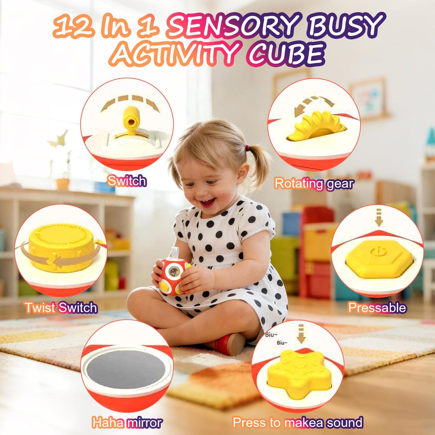 HUNKING Busy Cube for Toddlers 1-3,12-in-1- Montessori Sensory Activity Cube with Children's Intellectual Development Learning,Educational Learning Gifts for Boys & Girls
