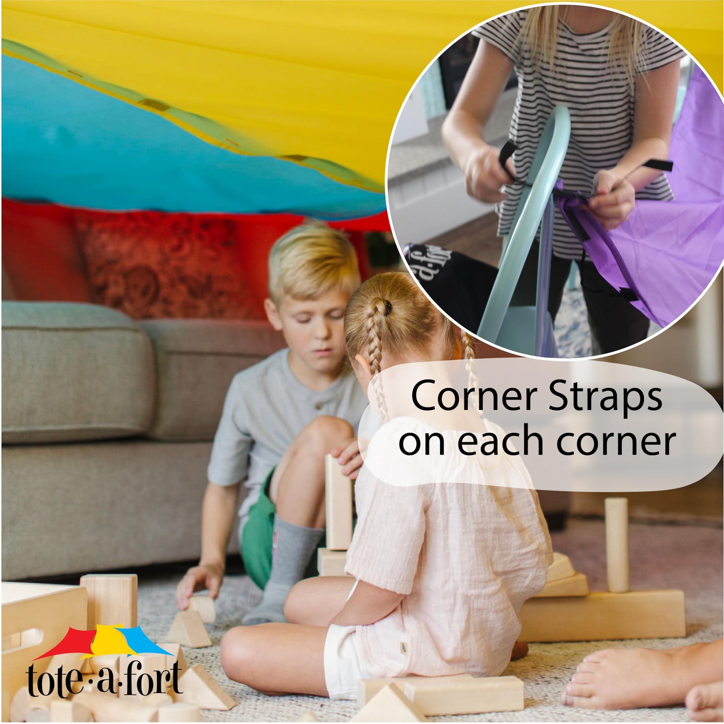 Tote a Fort Original Blanket Fort Building Kit for Kids, 3 Blanket TOTEAFORT Toy, Make a Portable Playhouse, Play Tent Boy and Girl Indoor Outdoor Build Set, STEM Children Toy, Ages 4, 8, 12 +